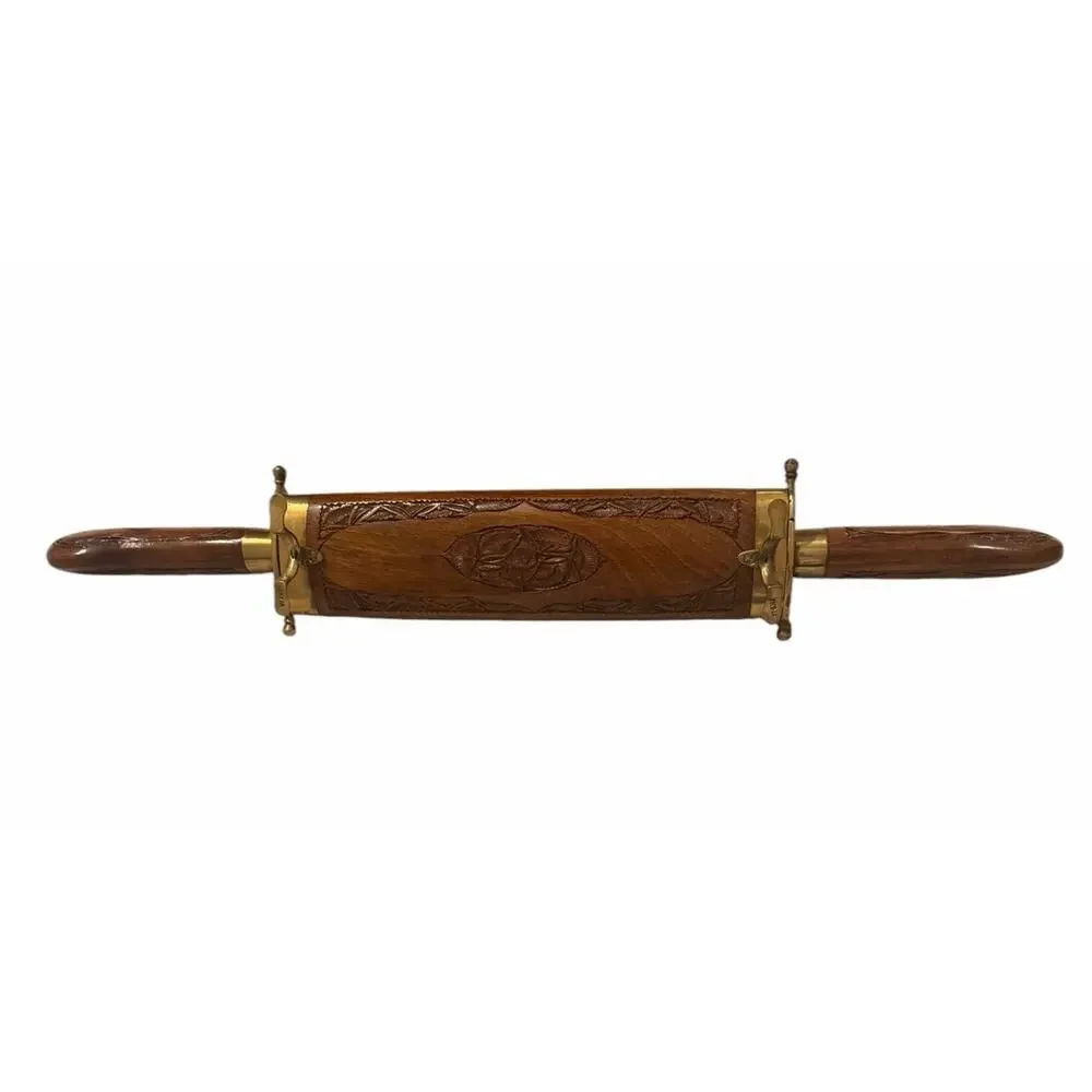 Vintage HAND CARVED Knife & Fork Carving Set Wood & Brass Sheath India 3707-66
